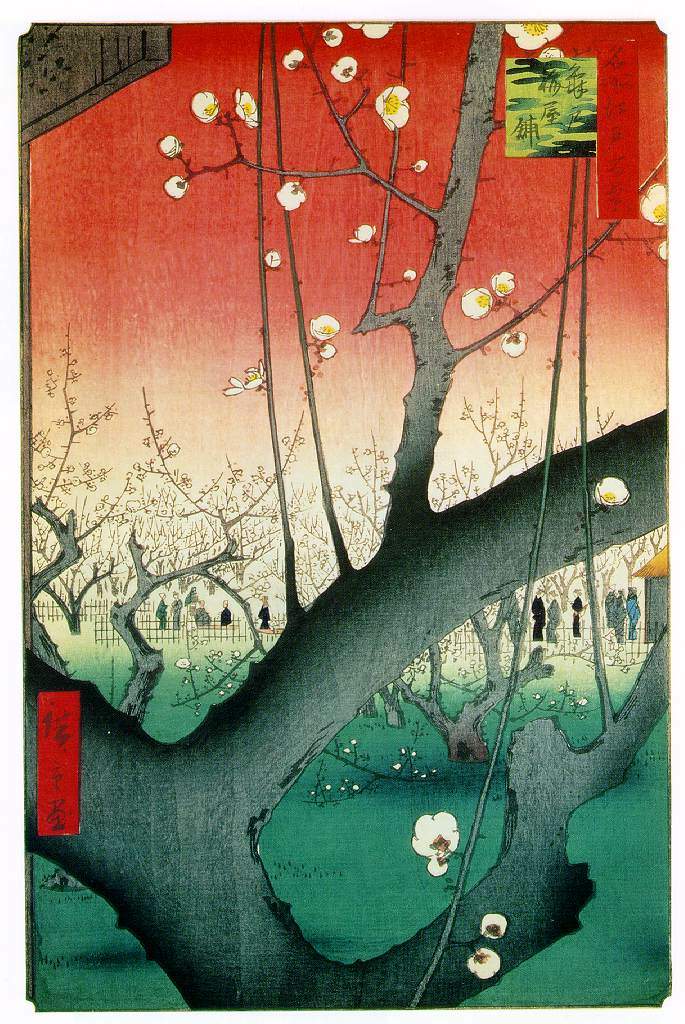 Kameido Tenjin Shrine's ume plum blossoms made famous by Hiroshige's woodblock print from his series called "One Hundred Famous Views of Edo."
Keywords: tokyo koto-ku kameido tenmangu tenjin shrine jinja torii woodblock hiroshige