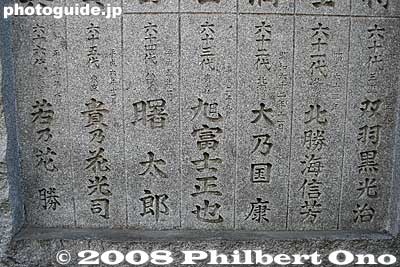 On the bottom row, right to left: Futahaguro, Hokutoumi, Onokuni, Asahifuji, Akebono, Takanohana, and Wakanohana (III).
Keywords: tokyo koto-ku ward tomioka hachimangu shrine shinto fukagawa yokozuna sumo monument