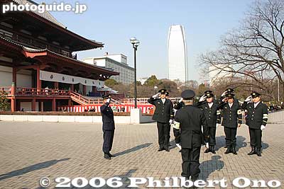Security detail. There was a good number of policemen and security people, mainly to discourage pickpockets. 
Keywords: minato-ku tokyo zojoji jodo-shu Buddhist temple setsubun