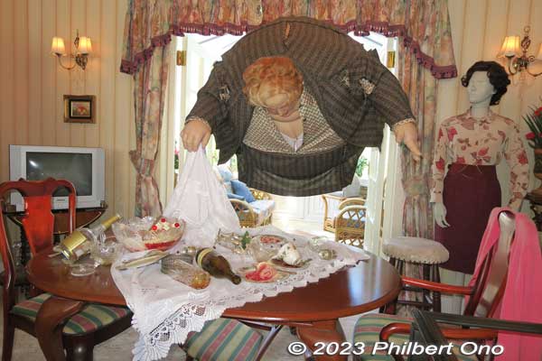 In Prisoner of Azkaban, Aunt Marge at dinner with the Dursleys angers Harry who inflates her into a balloon that floats out of the house and into the sky. 
