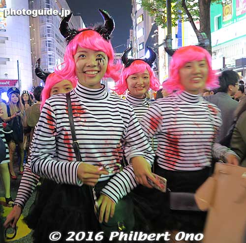 Ironically, nobody said "trick or treat" and I didn't see anyone giving out Halloween candy. (No one carried candy bags either.) 
Japan invents its own Halloween (and Valentine's Day). 
Keywords: tokyo shibuya halloween festival