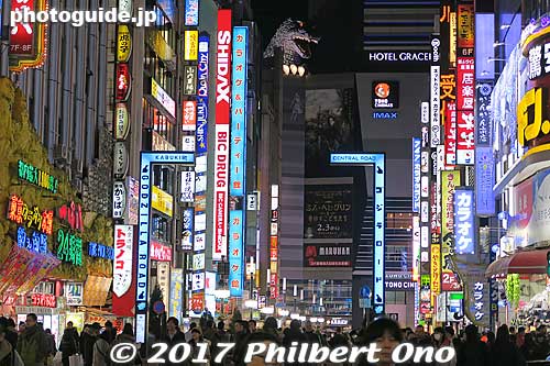 Godzilla amid Kabukicho's neon lights.
Keywords: tokyo shinjuku-ku kabukicho bar district godzilla
