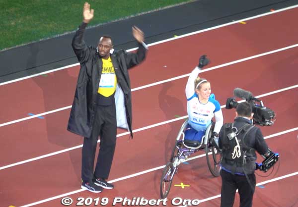 Usain Bolt was the anchor on the Blue Team with four starting runners in Paris. So we saw only he and Hannah Cockroft in the stadium.
