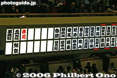 Sumo scoreboard. The names of all the wrestlers are displayed in the order of the sumo matches (from right to left). The winner is indicated with a red lamp. Names of sumo wrestlers absent from the tournament (due to injury, etc.) are listed on the far le
Keywords: tokyo sumida-ku ryogoku kokugikan sumo japankokugikan