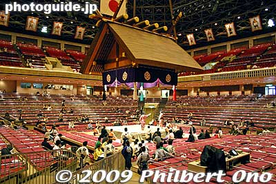Grand sumo tournaments are held six times a year in Jan., March, May, July, Sept., and Nov. They are held at Ryogoku Kokugikan arena in Tokyo in Jan., May, and Sept. In March, it is in Osaka, July in Nagoya, and Nov. in Fukuoka. This is the Kokugikan.
Keywords: tokyo ryogoku kokugikan sumo ozumo rikishi wrestlers japankokugikan