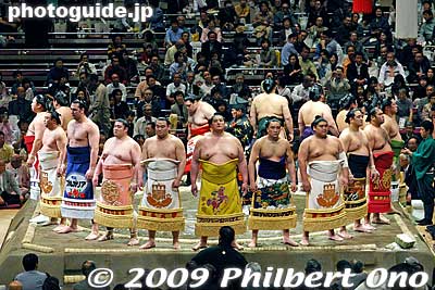 Some of the designs on the aprons are quite beautiful. Some are also pretty much advertisements for the sponsor who could be a support group, fan club, company, or rich individual.
Keywords: tokyo sumida-ku ward ryogoku kokugikan sumo tournament ozumo rikishi wrestlers