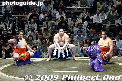 Claps his hands for the last time. The man in purple is the referee.
Keywords: tokyo sumida-ku ward ryogoku kokugikan sumo tournament ozumo rikishi wrestlers
