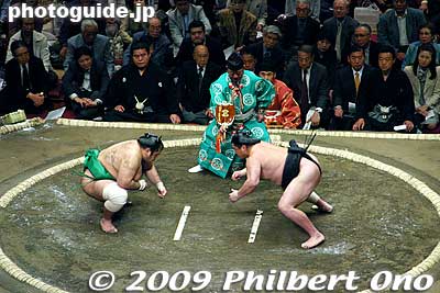 The initial charge or tachiai is crucial, and can determine who will win the match. The rikishi on the right has charged earlier than the other, giving him the advantage.
Keywords: tokyo sumida-ku ward ryogoku kokugikan sumo tournament ozumo rikishi wrestlers japankokugikan