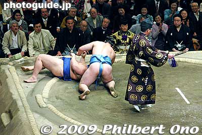 The referee points his fan toward the side of the winner.
Keywords: tokyo sumida-ku ward ryogoku kokugikan sumo tournament ozumo rikishi wrestlers 