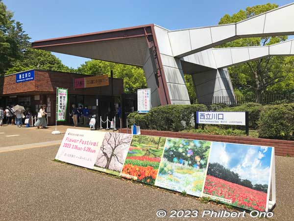 Nishi Tachikawa entrance to Showa Kinen Park. Use your Suica card or buy tickets from the vending machine. The signboard promotes the flowers currently in bloom: red poppies.
Keywords: tokyo tachikawa showa kinen park