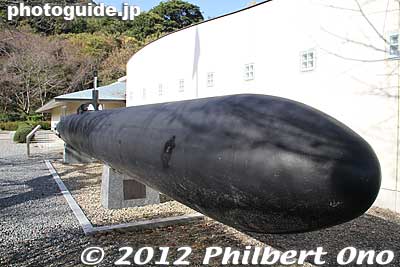 Kaiten manned torpedo replica outside the Kaiten Memorial Museum on Ozushima island, Yamaguchi Prefecture. 
Keywords: yamaguchi ozushima island kaiten human manned torpedo suicide memorial museum