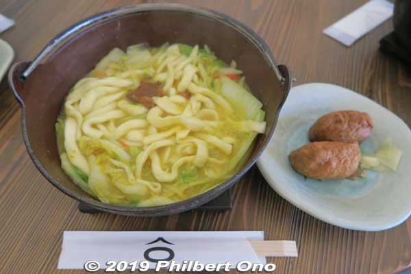Lunch was Hoto noodles, famous in Yamanashi Prefecture. Thick, flat udon-type noodles in delicious miso-based broth, mixed with cut vegetables. Also came with Inari-zushi. 
http://www.houtou-fudou.jp/english.html
Keywords: yamanashi fuji kawaguchiko-machi japanfood